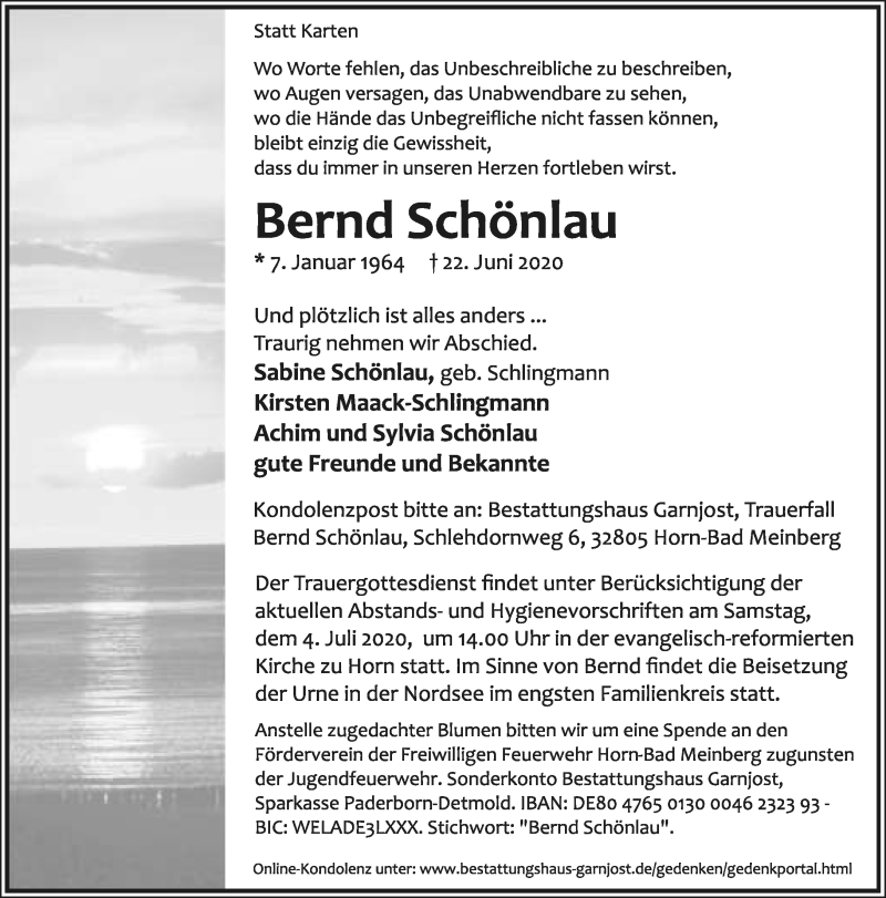  Traueranzeige für Bernd Schönlau vom 27.06.2020 aus Lippische Landes-Zeitung
