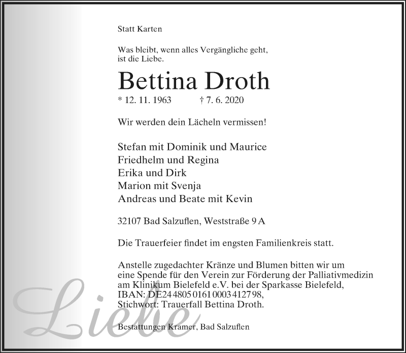 Traueranzeige für Bettina Droth vom 13.06.2020 aus Lippische Landes-Zeitung