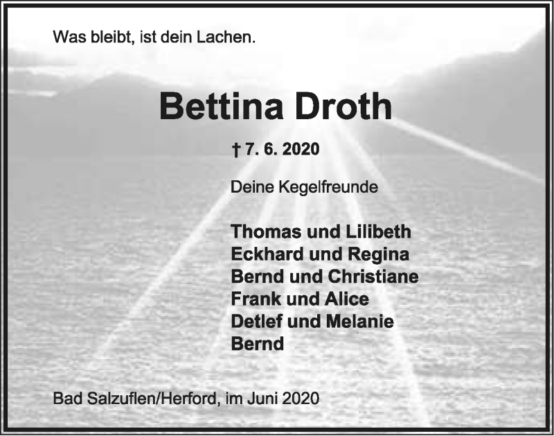  Traueranzeige für Bettina Droth vom 20.06.2020 aus Lippische Landes-Zeitung