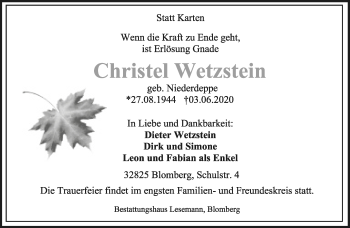 Anzeige  Christel Wetzstein  Lippische Landes-Zeitung
