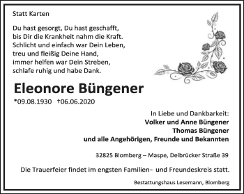 Anzeige  Eleonore Büngener  Lippische Landes-Zeitung