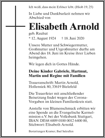 Anzeige  Elisabeth Arnold  Lippische Landes-Zeitung