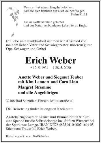 Anzeige  Erich Weber  Lippische Landes-Zeitung