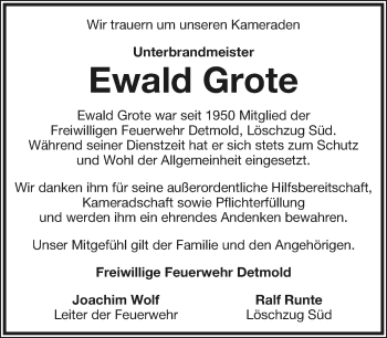 Anzeige  Ewald Grote  Lippische Landes-Zeitung