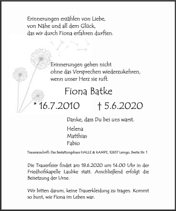 Anzeige  Fiona Batke  Lippische Landes-Zeitung
