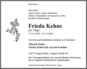 Anzeige  Frieda Kehne  Lippische Landes-Zeitung
