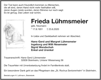 Anzeige  Frieda Lühmsmeier  Lippische Landes-Zeitung