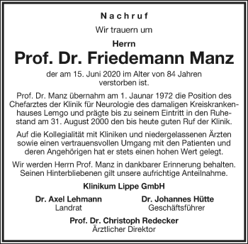Anzeige  Friedemann Manz  Lippische Landes-Zeitung
