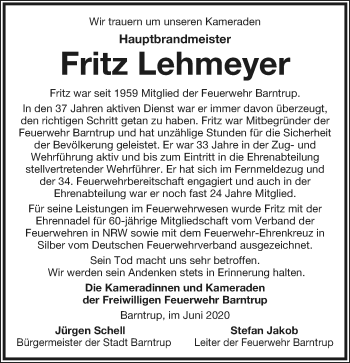 Anzeige  Fritz Lehmeyer  Lippische Landes-Zeitung