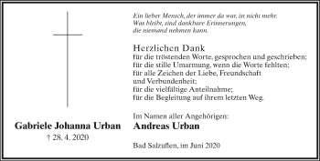 Anzeige  Gabriele Johanna Urban  Lippische Landes-Zeitung