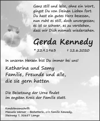 Anzeige  Gerda Kennedy  Lippische Landes-Zeitung
