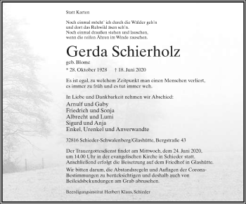 Anzeige  Gerda Schierholz  Lippische Landes-Zeitung