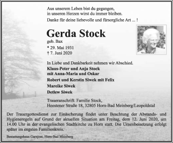 Anzeige  Gerda Stock  Lippische Landes-Zeitung
