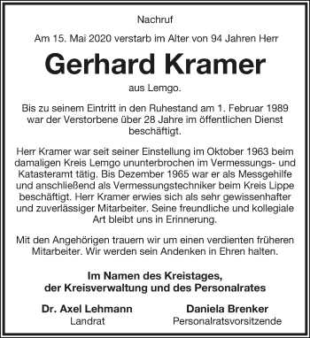 Anzeige  Gerhard Kramer  Lippische Landes-Zeitung