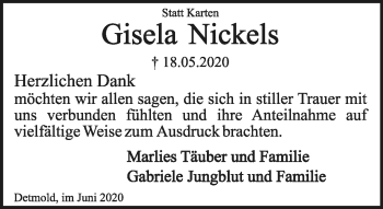 Anzeige  Gisela Nickels  Lippische Landes-Zeitung