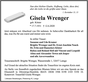 Anzeige  Gisela Wrenger  Lippische Landes-Zeitung
