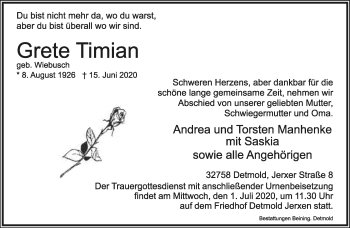 Anzeige  Grete Timian  Lippische Landes-Zeitung