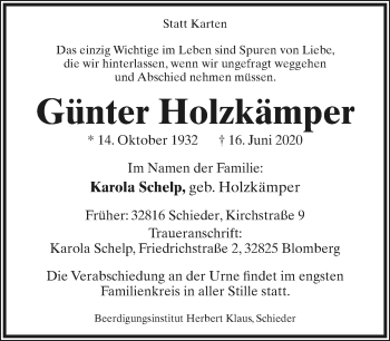Anzeige  Günter Holzkämper  Lippische Landes-Zeitung