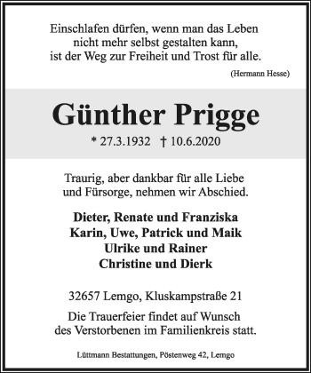 Anzeige  Günther Prigge  Lippische Landes-Zeitung