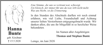 Anzeige  Hanna Bunte  Lippische Landes-Zeitung