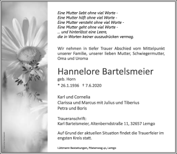 Anzeige  Hannelore Bartelsmeier  Lippische Landes-Zeitung