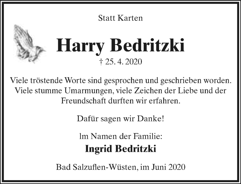  Traueranzeige für Harry Bedritzki vom 06.06.2020 aus Lippische Landes-Zeitung