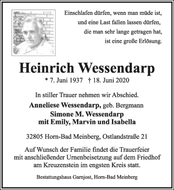 Anzeige  Heinrich Wessendarp  Lippische Landes-Zeitung