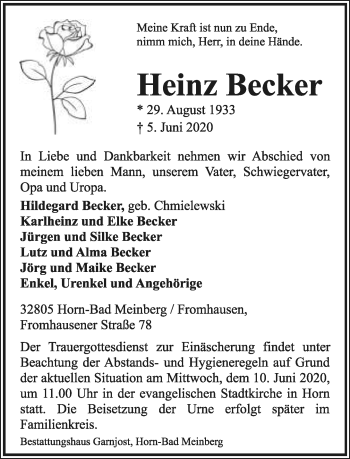Anzeige  Heinz Becker  Lippische Landes-Zeitung