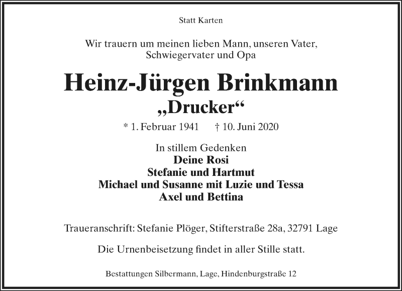  Traueranzeige für Heinz-Jürgen Brinkmann vom 13.06.2020 aus Lippische Landes-Zeitung