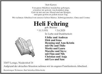Anzeige  Heli Fehring  Lippische Landes-Zeitung