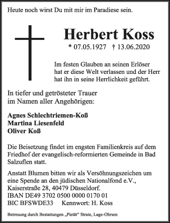 Anzeige  Herbert Koss  Lippische Landes-Zeitung