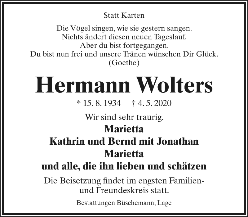  Traueranzeige für Hermann Wolters vom 06.06.2020 aus Lippische Landes-Zeitung