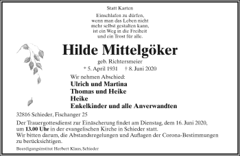 Anzeige  Hilde Mittelgöker  Lippische Landes-Zeitung