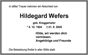 Anzeige  Hildegard Wefers  Lippische Landes-Zeitung