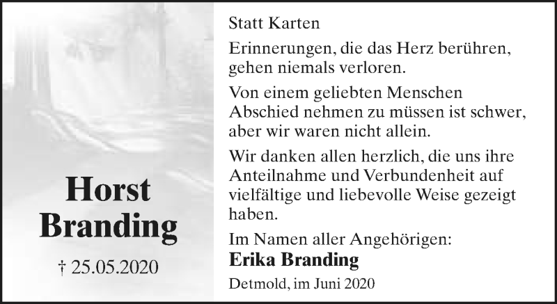  Traueranzeige für Horst Branding vom 27.06.2020 aus Lippische Landes-Zeitung