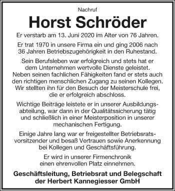 Anzeige  Horst Schröder  Lippische Landes-Zeitung