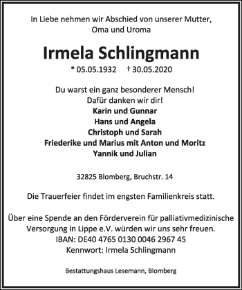 Anzeige  Irmela Schlingmann  Lippische Landes-Zeitung