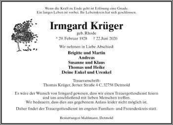 Anzeige  Irmgard Krüger  Lippische Landes-Zeitung