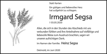 Anzeige  Irmgard Segsa  Lippische Landes-Zeitung