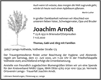Anzeige  Joachim Arndt  Lippische Landes-Zeitung