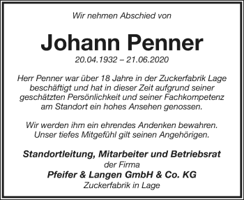 Anzeige  Johann Penner  Lippische Landes-Zeitung