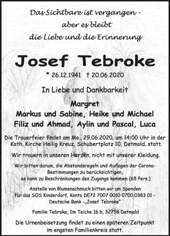 Anzeige  Josef Tebroke  Lippische Landes-Zeitung