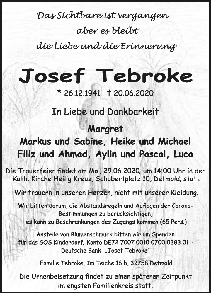  Traueranzeige für Josef Tebroke vom 27.06.2020 aus Lippische Landes-Zeitung