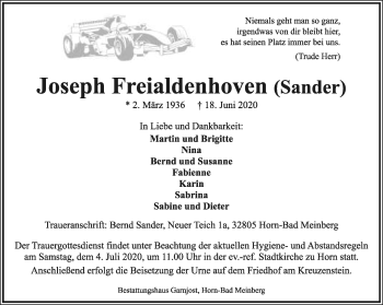 Anzeige  Joseph Freialdenhoven  Lippische Landes-Zeitung