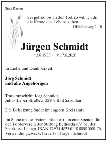 Anzeige  Jürgen Schmidt  Lippische Landes-Zeitung