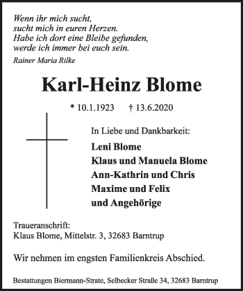 Anzeige  Karl-Heinz Blome  Lippische Landes-Zeitung