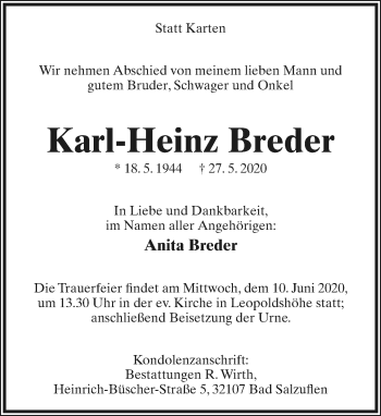 Anzeige  Karl-Heinz Breder  Lippische Landes-Zeitung