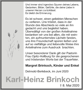 Anzeige  Karl-Heinz Brinkoch  Lippische Landes-Zeitung