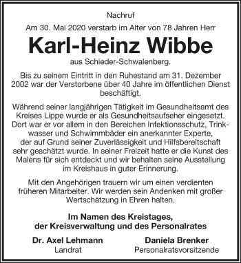 Anzeige  Karl-Heinz Wibbe  Lippische Landes-Zeitung