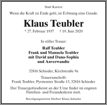 Anzeige  Klaus Teubler  Lippische Landes-Zeitung
